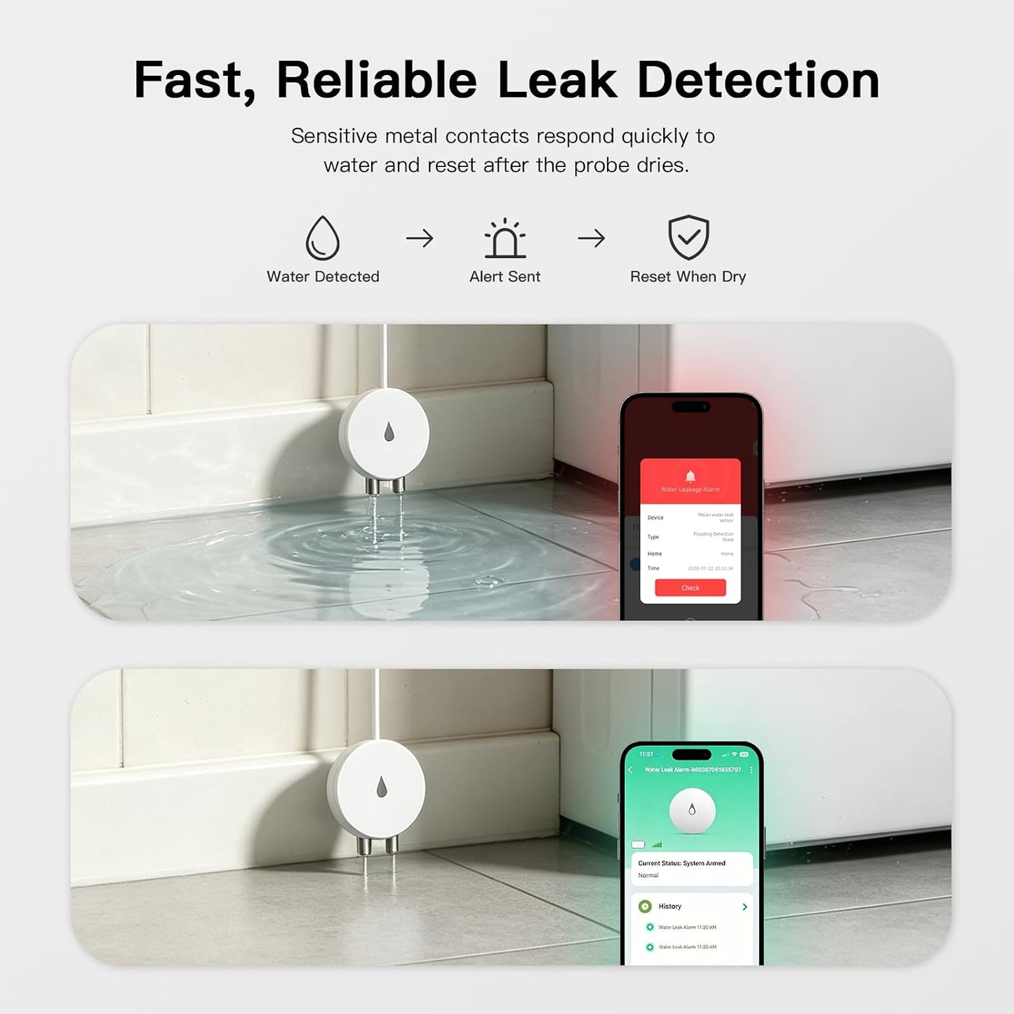 WiFi Water Leak Detector with Flexible Probes for Home, Hub & 3 Water Sensors, App Alerts, Loud Hub Alarm, 330FT Range, Alarm for Basement, Water Heater, Washing Machine & Under Sink
