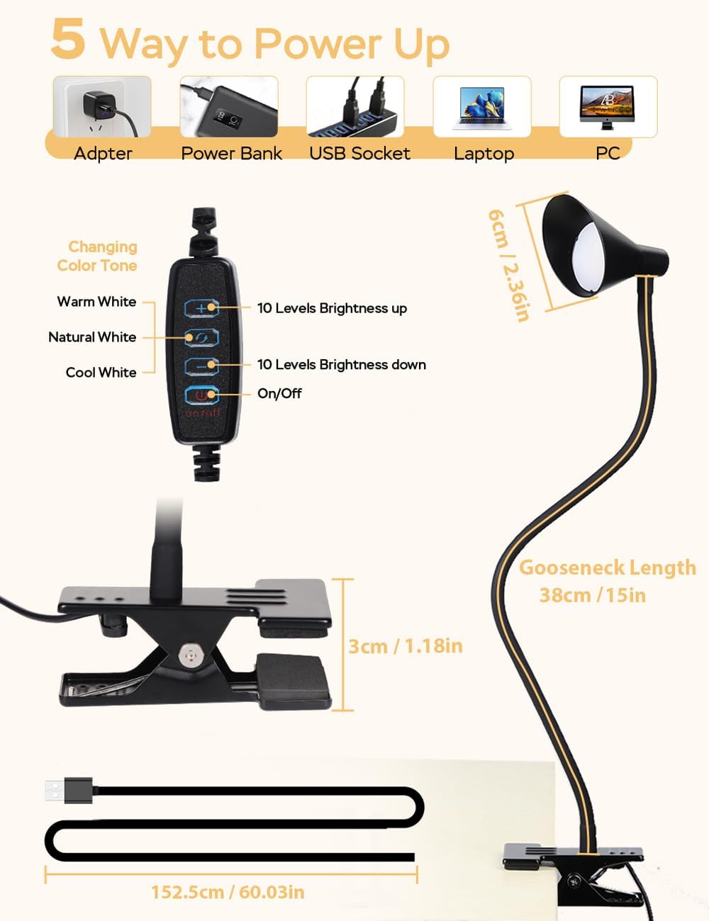 LiFMIRA Clip on Light USB Reading Light Desk Lamp 3 Color Modes Black | 10 Brightness Levels Eye Care Clamp Light Flexible Dimmable Reading Lamp Clip on Lamp for Bed Headboard Desk Bedside Dorm