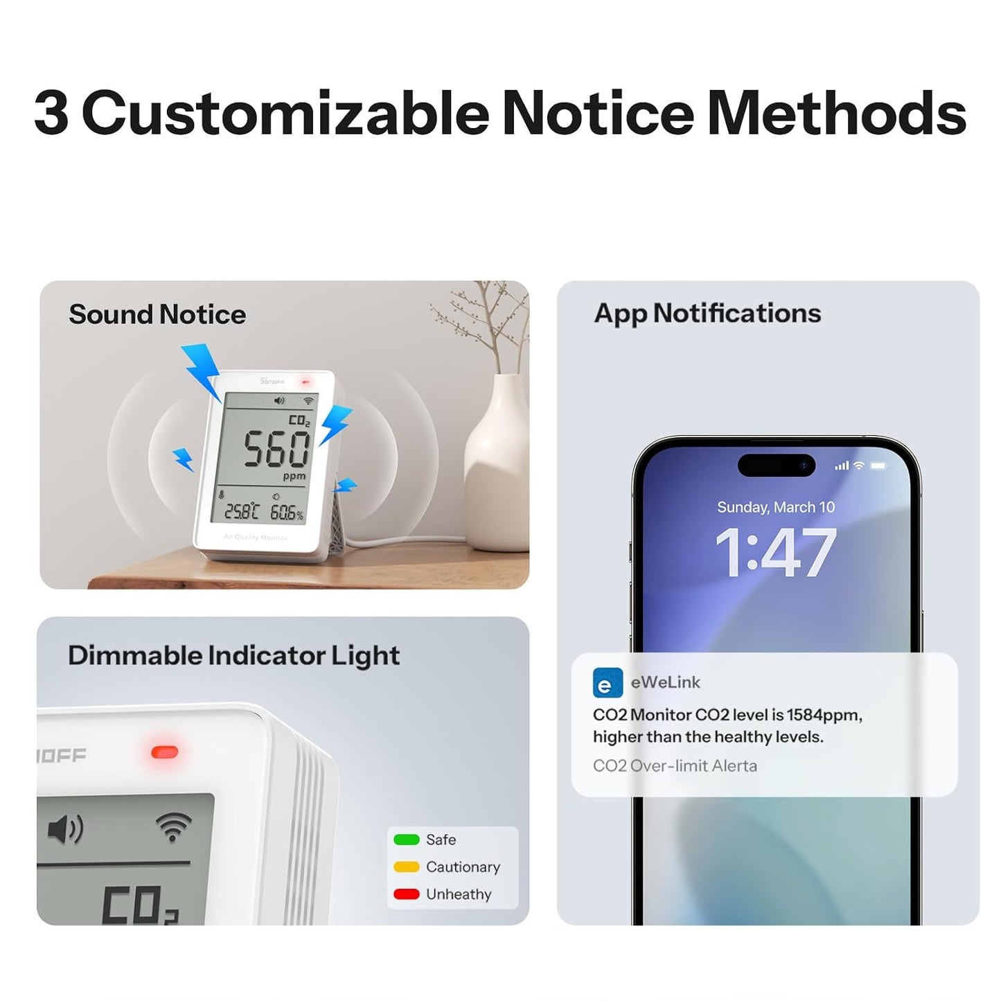 SONOFF AirGuard SAWF-08P, Smart Indoor Air Quality Monitor, Matter Compatible, 2.4GHz WiFi, Carbon Dioxide/Temp/Humidity Monitor, Real-Time Display & Notification, for Indoor Use