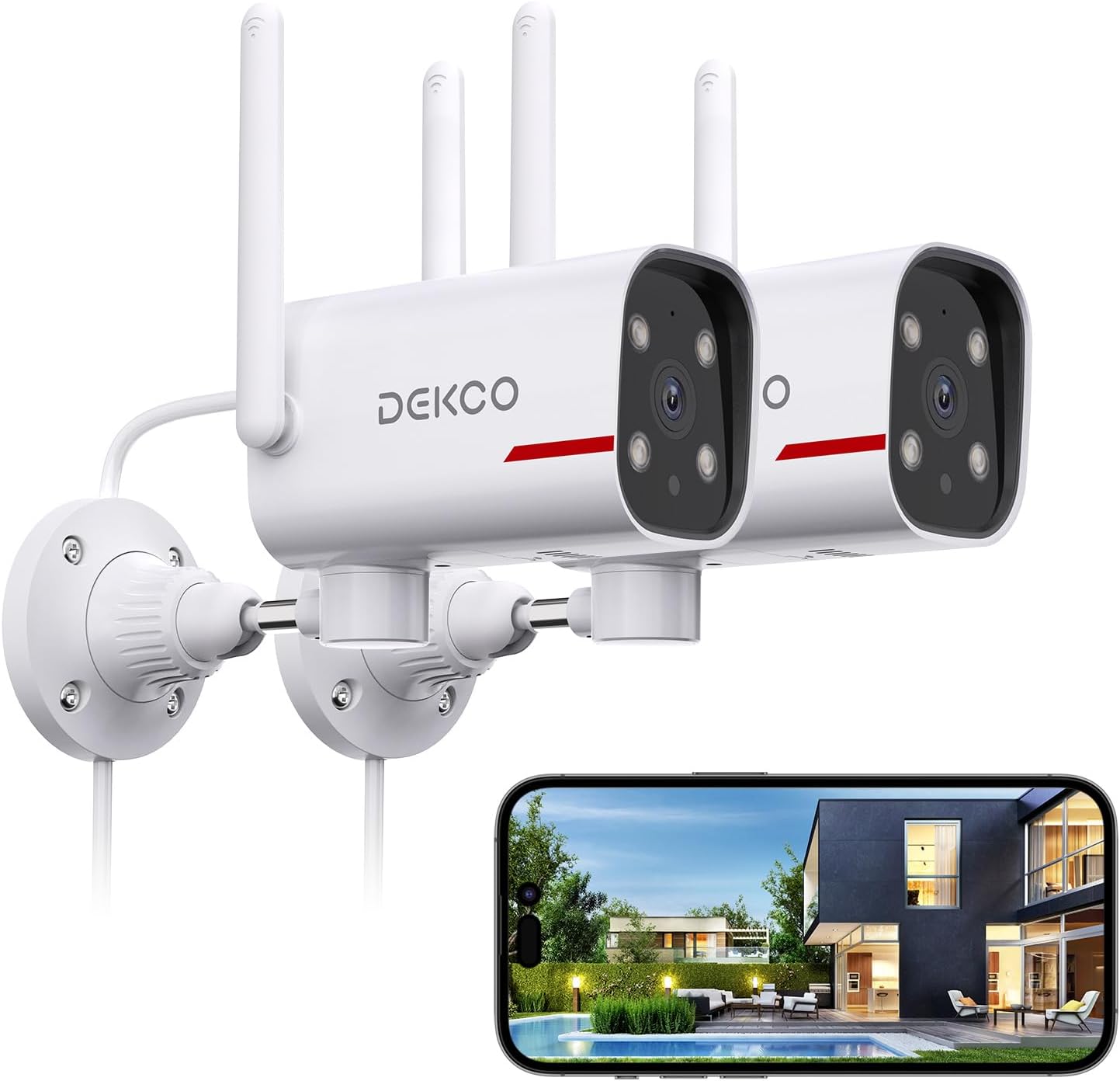 DEKCO 2K Outdoor Security Cameras, Wired WiFi, 2 Pack | Color night vision, 24/7 recording, 2.4GHz WiFi, pan rotation for front door, driveway, garage, and yard