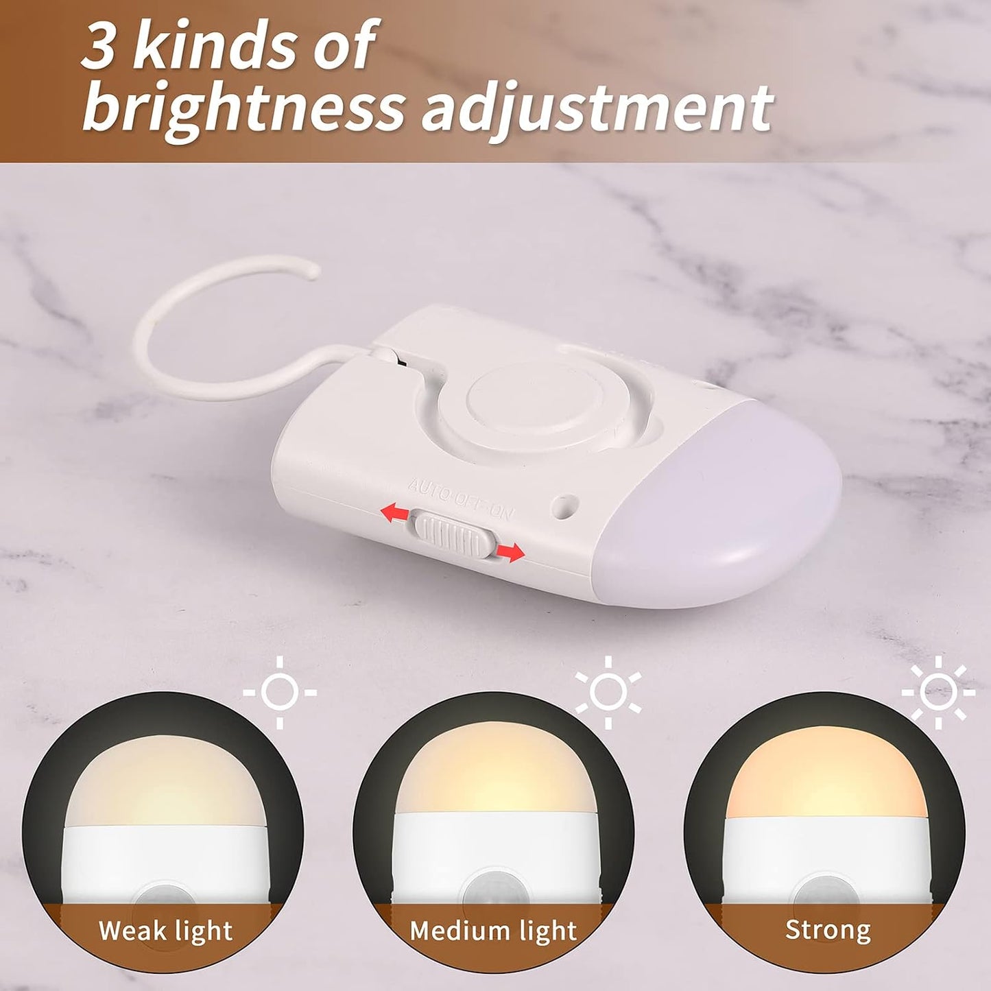 Motion Sensor LED Night Light,Warm White Dimmable Rechargeable Stick & Hook | 2 modes: motion sensor & steady light,3 dimmable levels,ideal for hallway,stairs,bedroom,bathroom,cabinet,camping