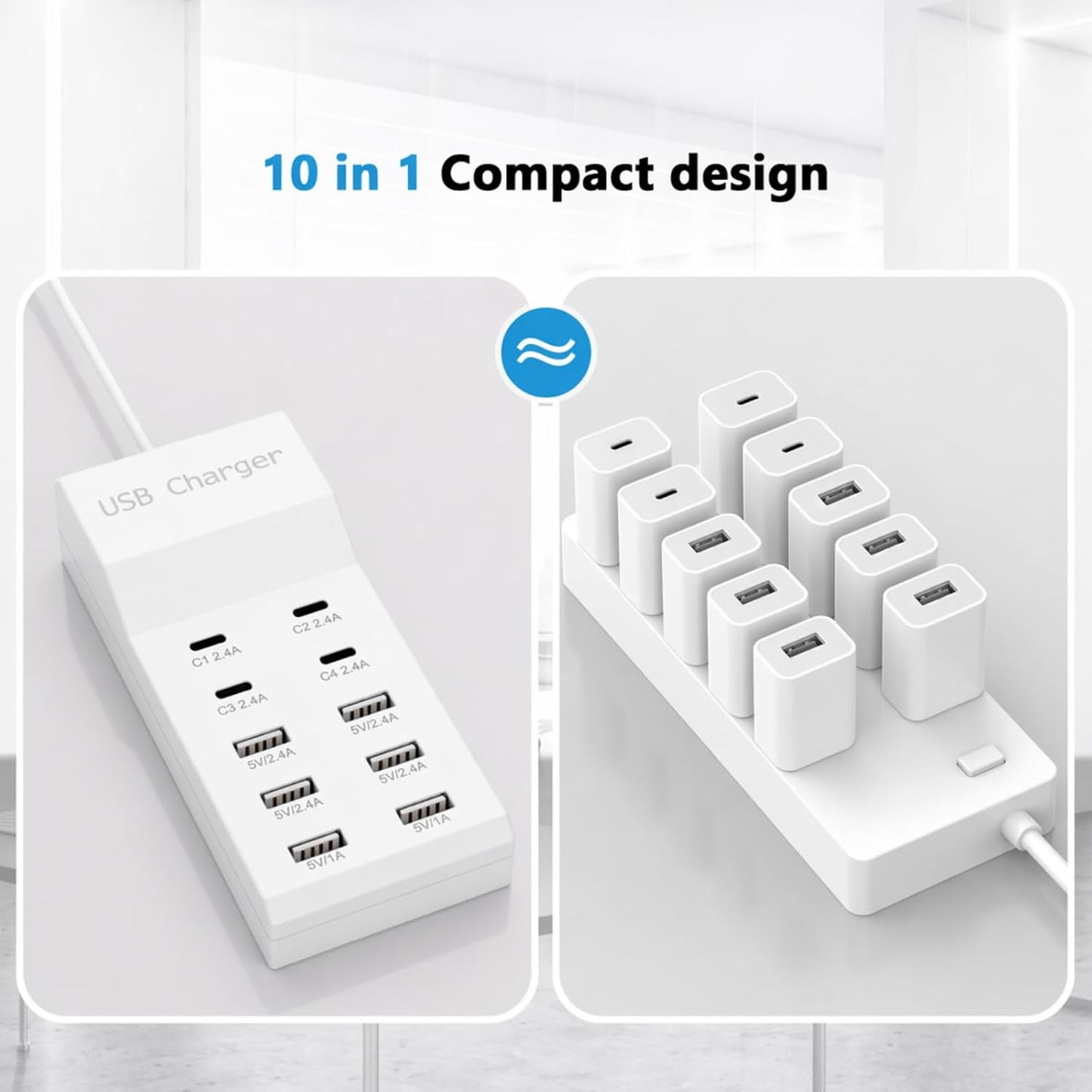 Multiple USB Charging Station for Multiple Devices USB Power Strip | 10 port USB charging block with 4 USB C and 6 USB A charging ports,USB Charging Hub for home office use