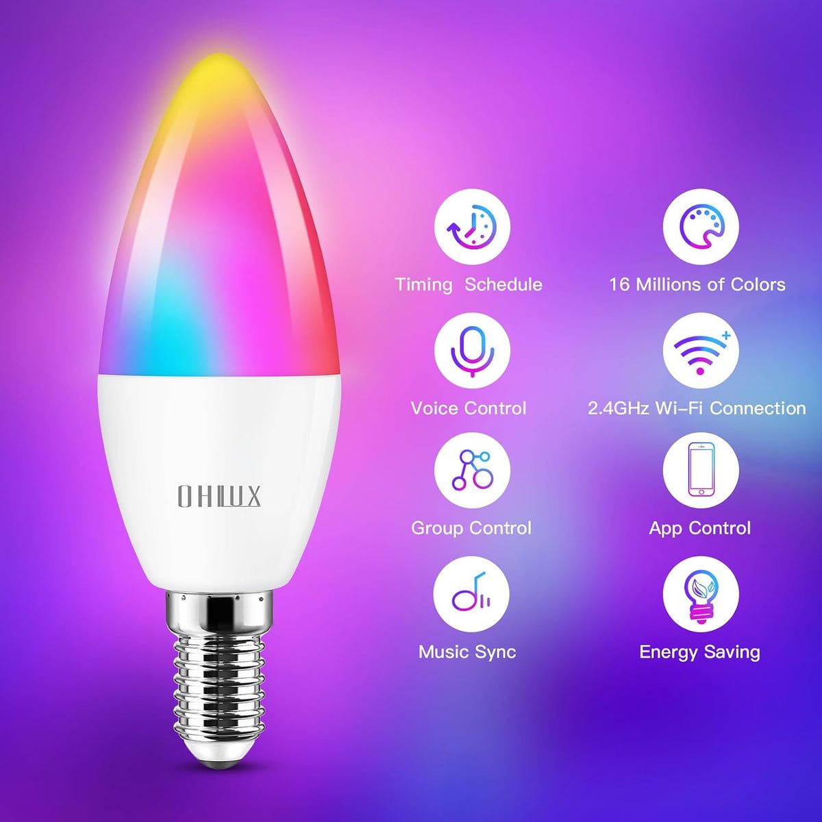 OHLUX 6 Pack E12 Smart Candelabra LED Light Bulbs, Color Changing Compatible with Google Alexa and Smart Life, 5W 40W Equivalent WiFi Candle Bulbs with Remote Control, Timer
