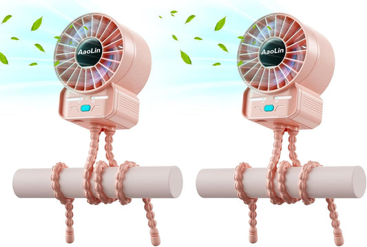 2 Pack Multifunctional Portable Stroller Fan 4 Speed 6600rpm High Speed Usb Rechargeable Personal Mini Handheld Fan Extended Tripod For Desktop Winding Kids Bed Treadmill Bike Golf Cart Outdoor Travel