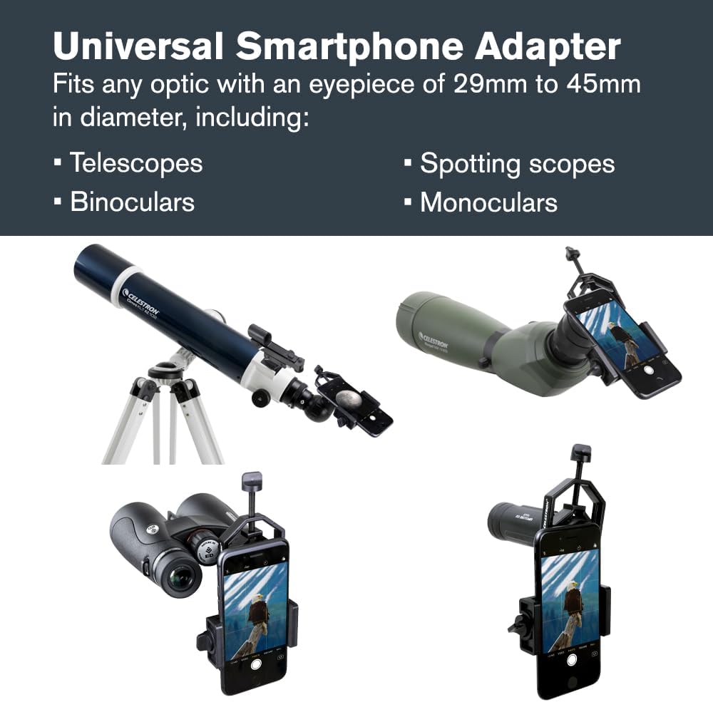 Celestron Basic Telescope Eyepiece Smartphone Adapter | Simple Phone Adapter for Telescopes, Binoculars & Spotting Scopes, Capture Images & Video, Easy to Use, Travel–friendly