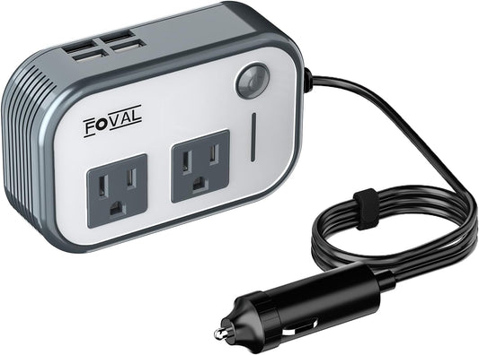 200W Car Power Inverter, FOVAL 12V DC to 110V AC Car Inverte with 4 USB Ports Car Outlet Adapter, Power Inverter for Vehicles, Car Plug Adapter Outlet for Laptop Computer Charger (Gray)