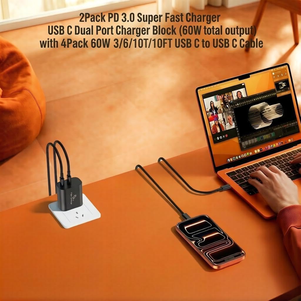 2Pack PD 3.0 Super Fast Charger USB C Dual Port Charger Block (60W total output) with 4Pack 60W [3FT+6FT+10FT+10FT] USB C to USB C Cable for Galaxy S26/S25/S24,for iPhone 17/16/15,for iPad and More