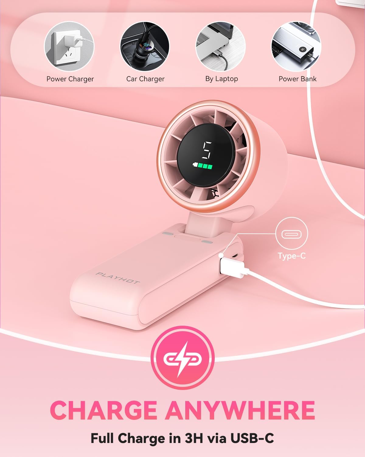 PlayHot Portable Handheld Turbo Fan, Travel Essentials, Gifts for Women/Men | 5-Speed, Up to 12H, 10m/s Airflow, USB-C Rechargeable, LED Display, 3-in-1 Foldable Personal Fan for Cruise, Beach, Vacation