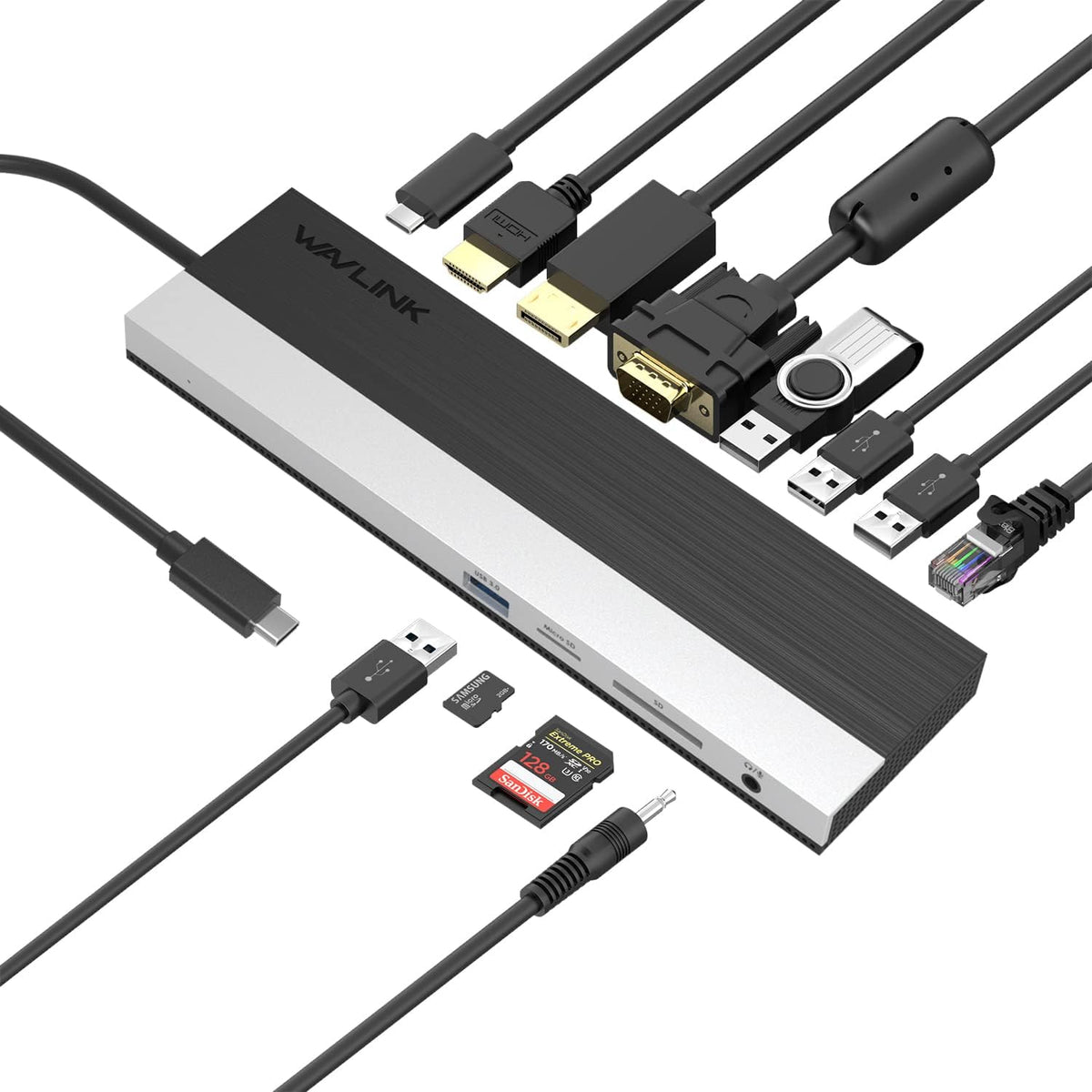 WAVLINK USB C Docking Station, 12-in-1 Triple Display Type C Adapter with HDMI, DisplayPort,VGA,Ethernet,2 USB 3.0/2.0,SD/TF Card Reader,3.5mm Audio Jack,100W PD3.0 for Mac Windows and More