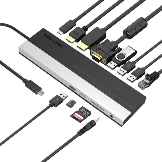 WAVLINK USB C Docking Station, 12-in-1 Triple Display Type C Adapter with HDMI, DisplayPort,VGA,Ethernet,2 USB 3.0/2.0,SD/TF Card Reader,3.5mm Audio Jack,100W PD3.0 for Mac Windows and More