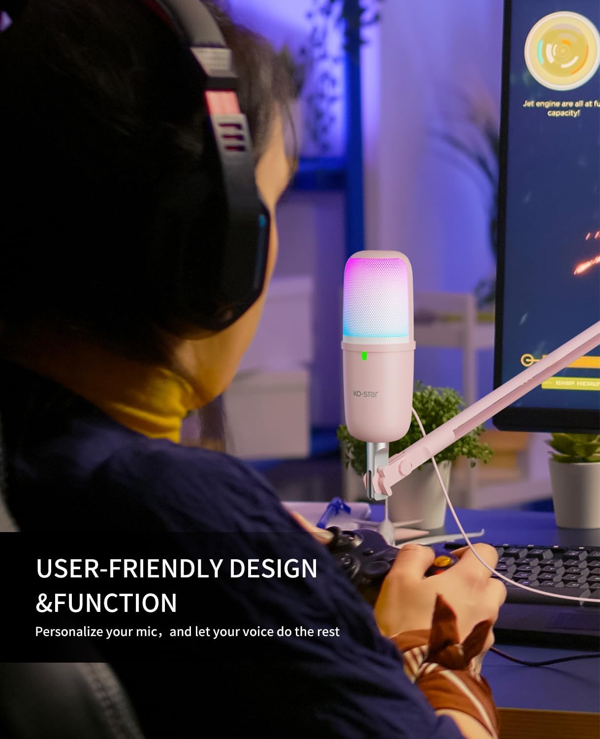 RGB USB Microphone, Pink Gaming Mic for PC, PS5, Laptop, Phone, Condenser Mic with Touch Mute, Pop Filter, Cardioid Pickup, Plug &amp; Play for Streaming, Podcast, Recording, Gaming