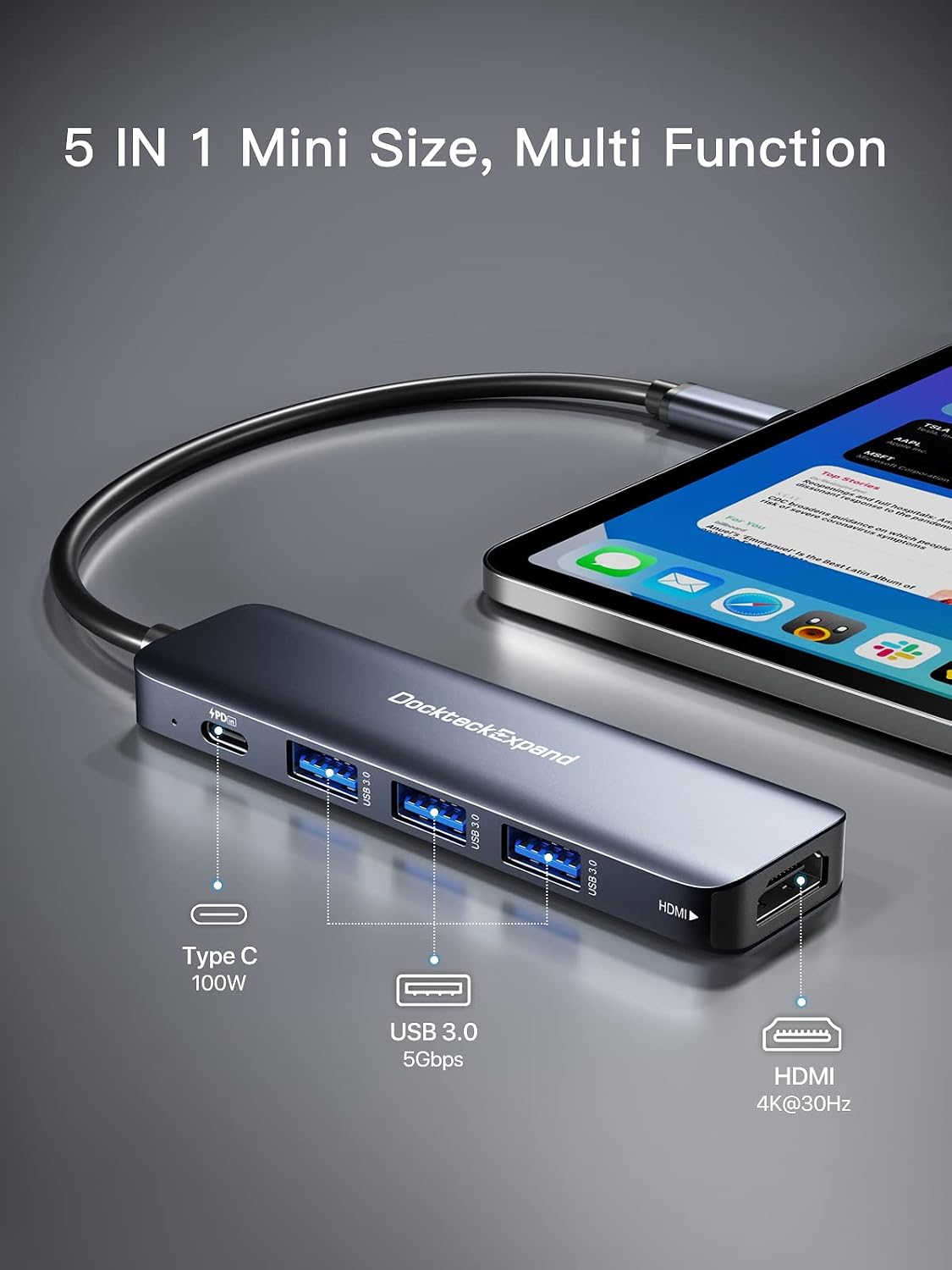 USB C HUB, DockteckExpand 5 in 1 USB-C Multiport Adapter | 4K HDMI, 100W Power Delivery, 3 USB 3.0 Data Ports for MacBook Pro/Air, iPad Pro/Air/Mini 6 and More