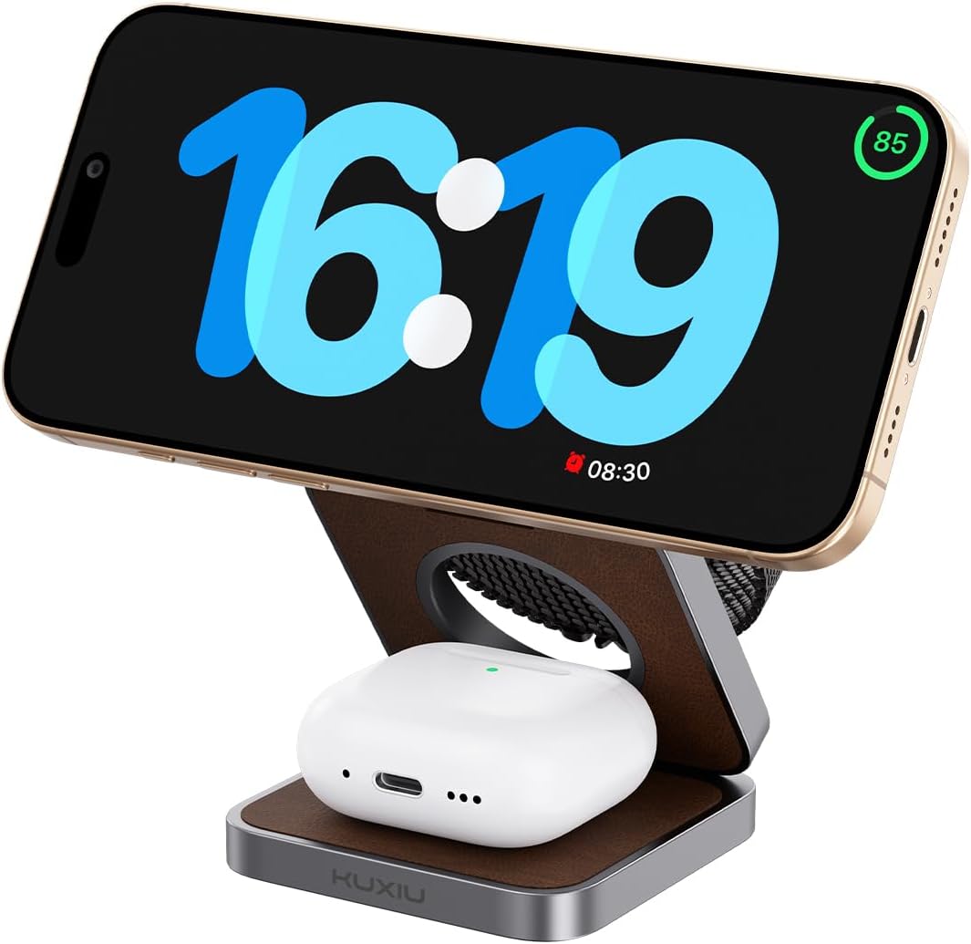 KU XIU Foldable 3-in-1 Magnetic Wireless Charging Station for Apple Devices | Aluminum Alloy Compact Design, Foldable Travel Charger Stand with 20W Adapter for iPhone 17-12, 5W for Apple Watch & AirPods