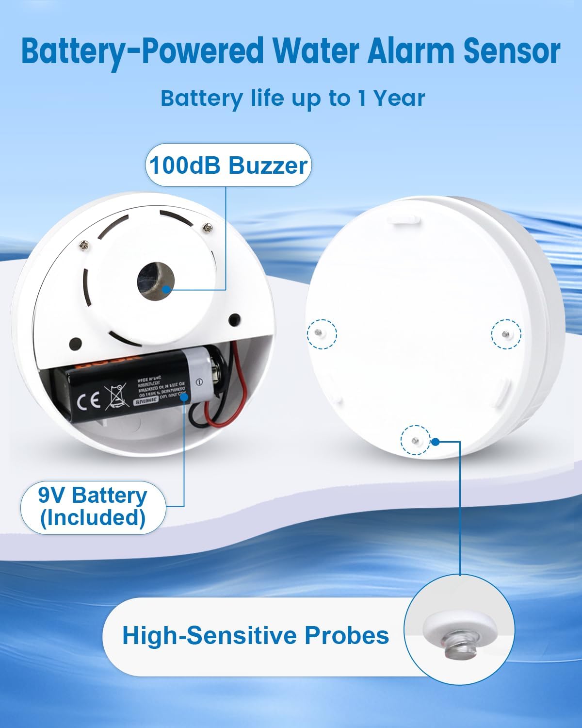 5 Pack Water Leak Detectors for Home | Water Sensor Alarm Leak Detector, 100dB, Waterproof, Kitchens, Bathrooms, Laundries, Sinks, Basements, Battery Included