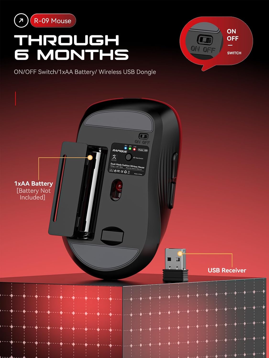 RAPIQUE Bluetooth Wireless Mouse, Dual Bluetooth & 2.4 GHz, Gradient Red | Quiet Clicks, Right-Hand Ergonomic 6 Button, Adjustable DPI, AA Battery, 3-Device Switching for Laptop, PC, Tablet, MacBook