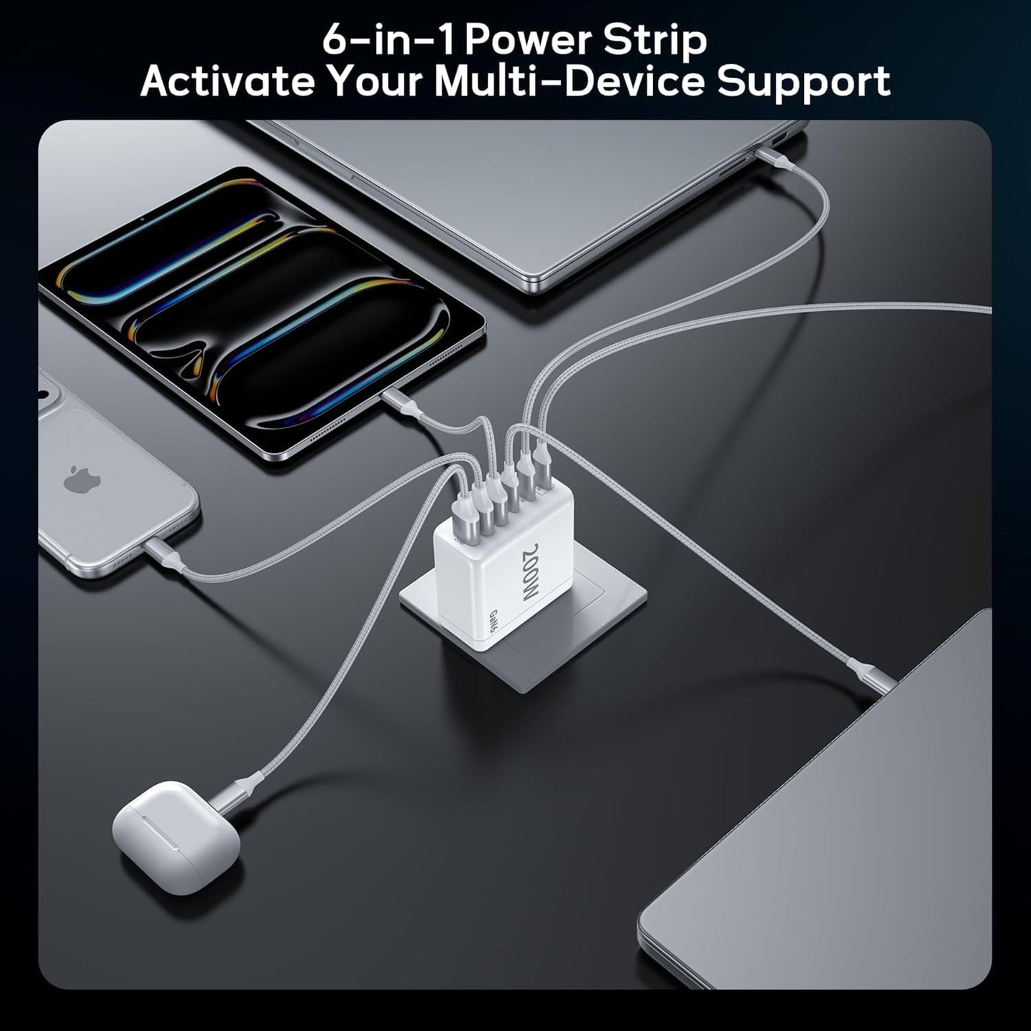 2 Pack USB C Charger Block 200W 6 Port GaN Super Fast Type C Charger | Foldable PD Charging Station for All iPhone 17 16 /android phone Samsung Galaxy S25/S24/MacBook/ iPad