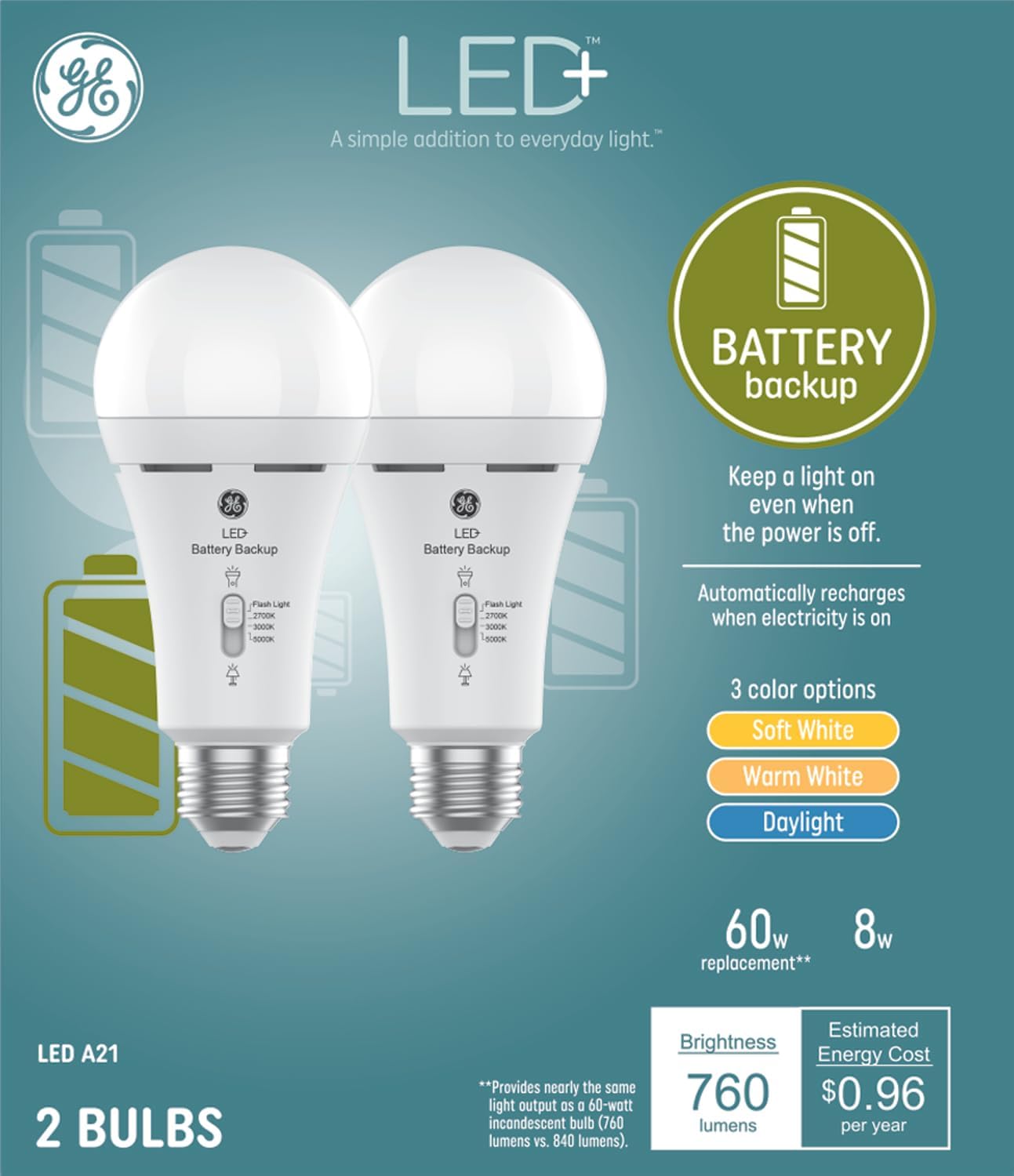 GE LED+ Battery Backup Emergency Light Bulbs A21, 3 Colors, 2 Pack | Stays on during power outages, built-in rechargeable battery, 3 color temperatures, A21 LED, flashlight mode, emergency ready