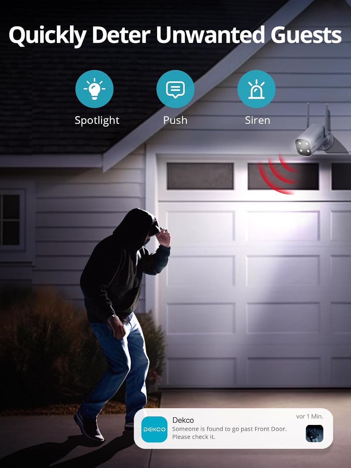 DEKCO 2K Outdoor Security Cameras, Wired WiFi, 2 Pack | Color night vision, 24/7 recording, 2.4GHz WiFi, pan rotation for front door, driveway, garage, and yard