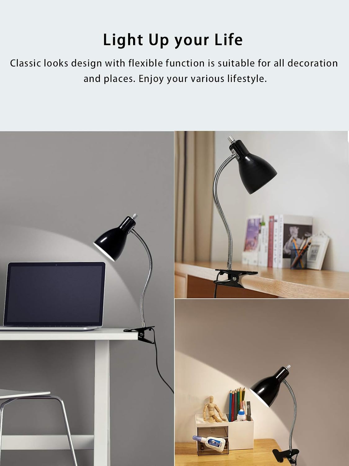 Desk lamp Eye-Caring Table Lamps, 360°Rotation Gooseneck Clip on Lamp Reading Light Portable Reading Book Light Clamp Study Desk Lamps for Bedroom and Office Home Lighting (Black)