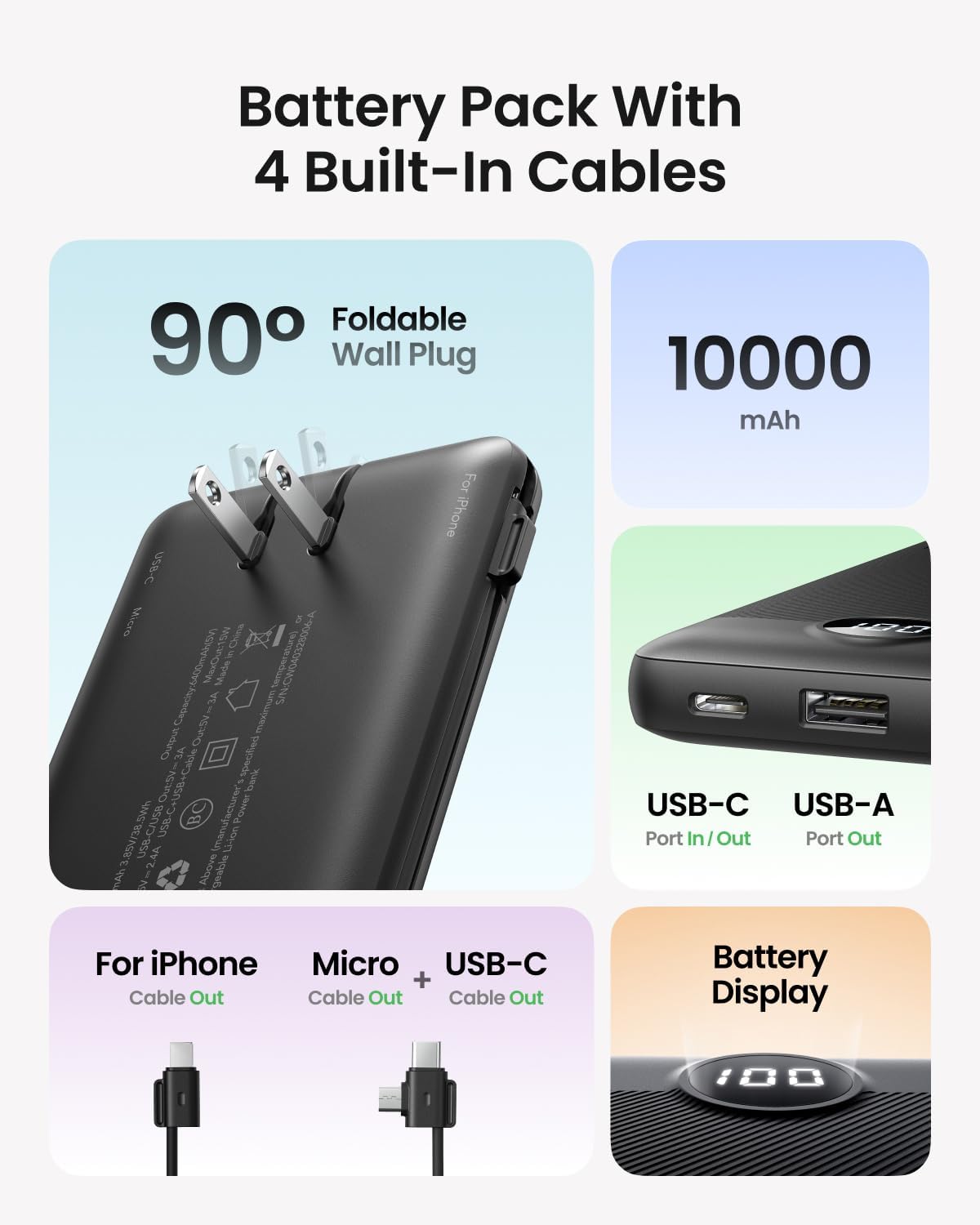 Portable Charger with Wall Plug, Slim USB C Power Bank with Built-in Cables, 10000mah LED Display External Battery Pack Compatible with iPhone/Android & More (Black)