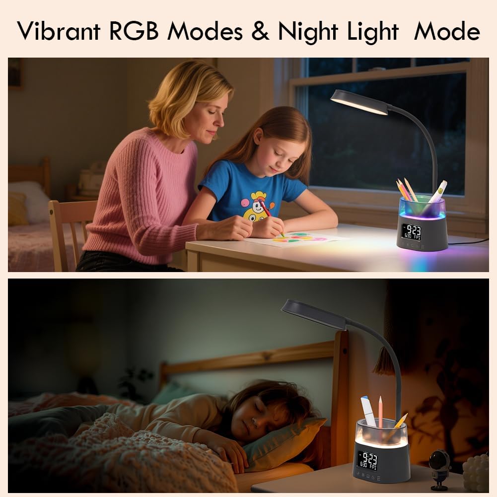 Led Desk Lamp with Pen Holder, Touch Lamps for Nightstand Eye-Caring Bedside Reading Light with Clock, Office Lamps Stepless Dimming, Lamp for Dorm Room, Suitable for Kid/Girl/Boy (Gray)
