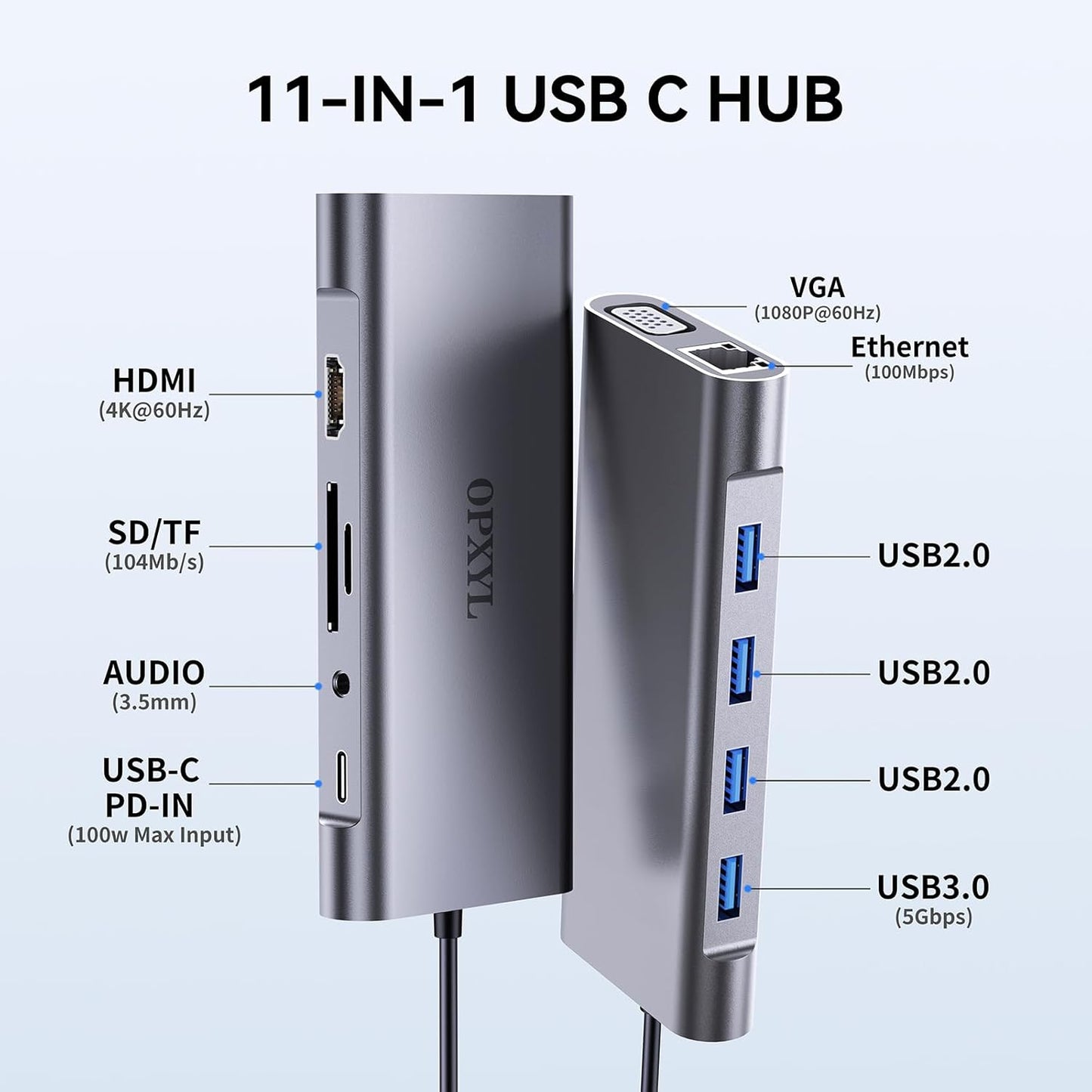 OPXYL 11-in-1 USB C Hub Multiport Adapter, USB C Docking Station with 4K HDMI, VGA 1080P, 100W PD, Ethernet, SD/TF, Audio, USB 3.0 Port, Laptop Dock for MacBook Pro/Air, iPad, Windows