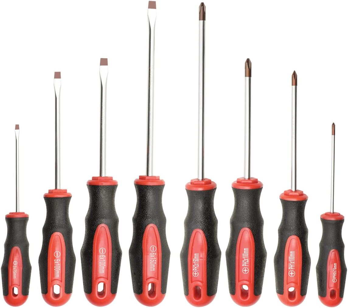 6PC Magnetic Tip Screwdriver Set, 3 Phillips and 3 Flat | 3 Phillips and 3 Flat, Red Tip, Gloss, S2 Steel