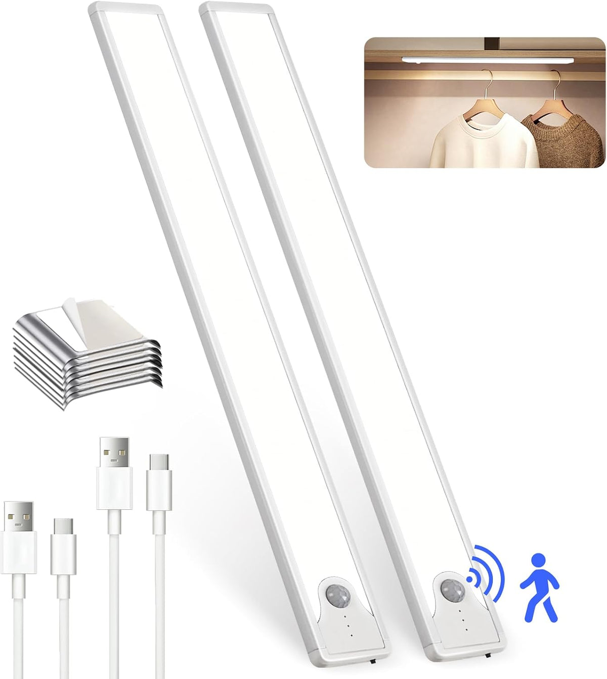 16 Inch Under Cabinet Lights, 83 LED Rechargeable Magnetic Motion Sensor Light Indoor, Brightness Dimmable 6500K Stepless Dimming Closet Light, for Under Counter, Kitchen, Stairs, Closet, 2 Packs