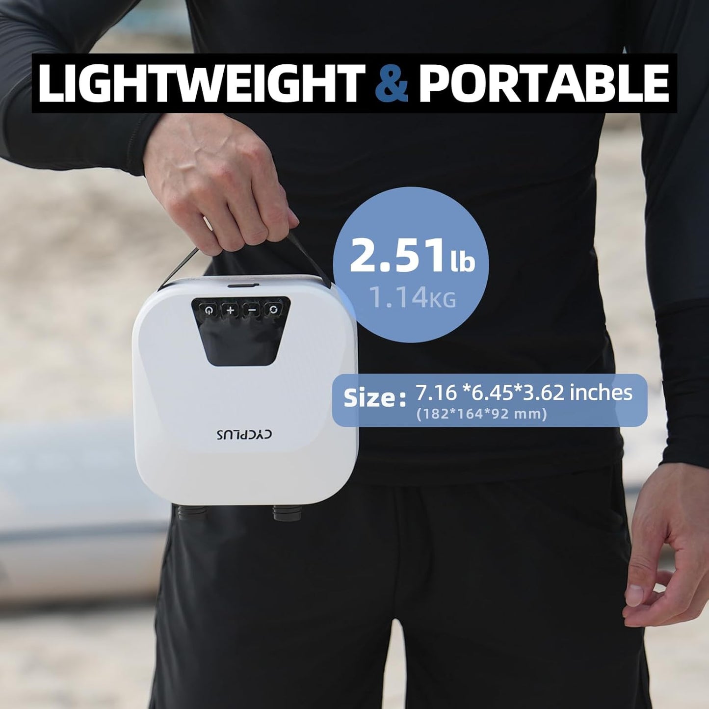 CYCPLUS Smart SUP Air Pump, 20PSI, 38.48Wh Battery, Inflation & Deflation | Compact size, 1.14kg, Auto-Off, 7 Nozzles, Air Pump for Stand Up Paddle Boards,Surfing Kite, Tent, Mattress