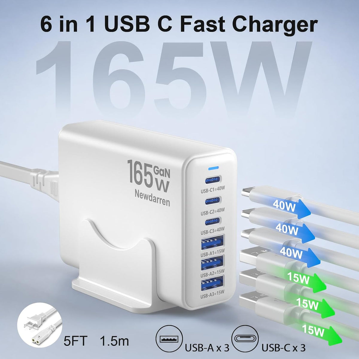 165W Charging Station, 6 Port Desktop Charger, 3 Ports 40W White | USB Charger Block, 3 x USB A 15W, 3 x USB C 40W, Compatible with iPhone, Galaxy, MacBook, iPad, Home Office, Travel and More
