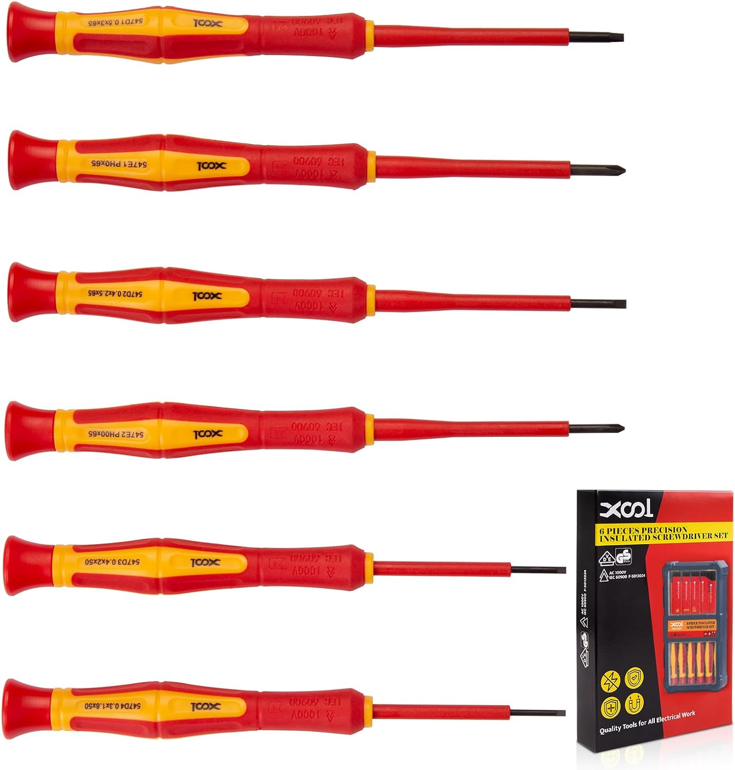 XOOL 6PCS 1000V Insulated Precision Electrician Screwdrivers Set, Slotted and Phillips Magnetic Tip, Chrome Vanadium Steel, VDE & GS Certified for Safe Electrician Repair