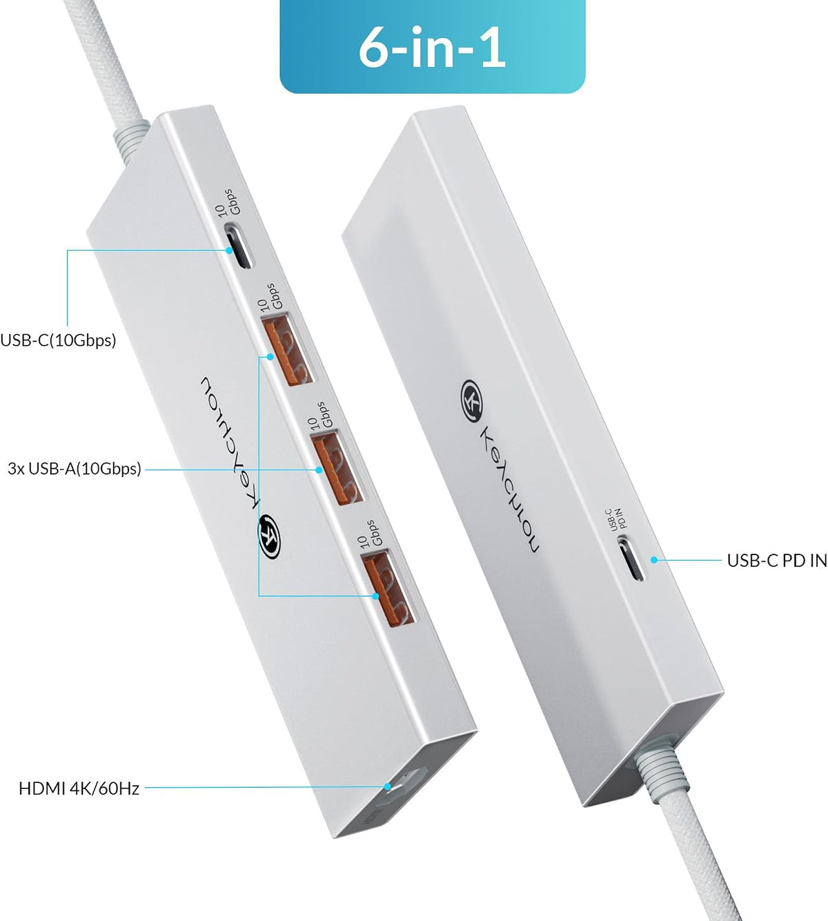 Keychron USB Hub, 6in1 USB C to 4K@60Hz HDMI, 10Gbps USB,100W PD Charging