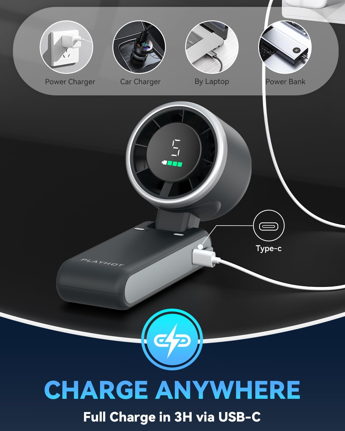 PlayHot Portable Handheld Turbo Fan, Travel Essentials, Gifts for Women/Men | 5-Speed, Up to 12H, 10m/s Airflow, USB-C Rechargeable, LED Display, 3-in-1 Foldable Personal Fan for Cruise, Beach, Vacation