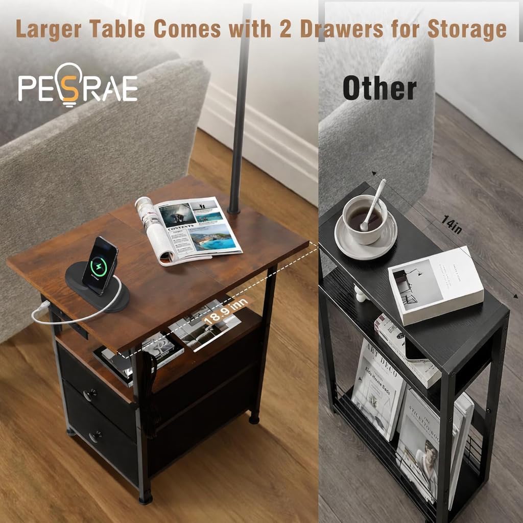 PESRAE Floor Lamp with Table & 2 Drawers, End Table with 3 Color Temperature Reading Light, Side Table Lamp with USB & Type C & AC Charging Port for Living Room, Bedroom