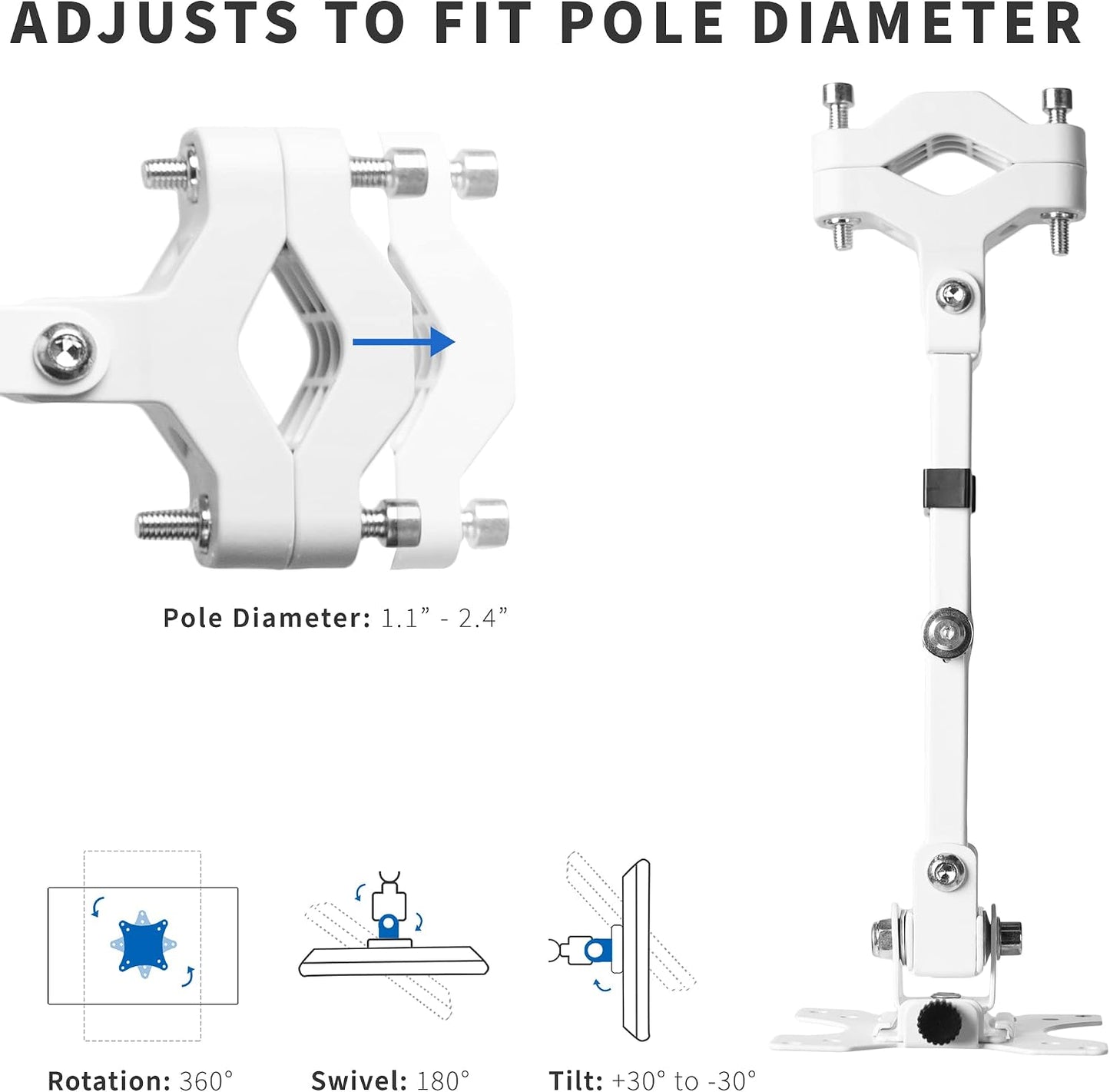 VIVO White Pole Mount Monitor Arm for 17 to 32 in Screen, MOUNT-POLE01AW | Universal, Heavy Duty Steel Design, Full Motion VESA Monitor Arm, Removable 75mm and 100mm VESA Plate