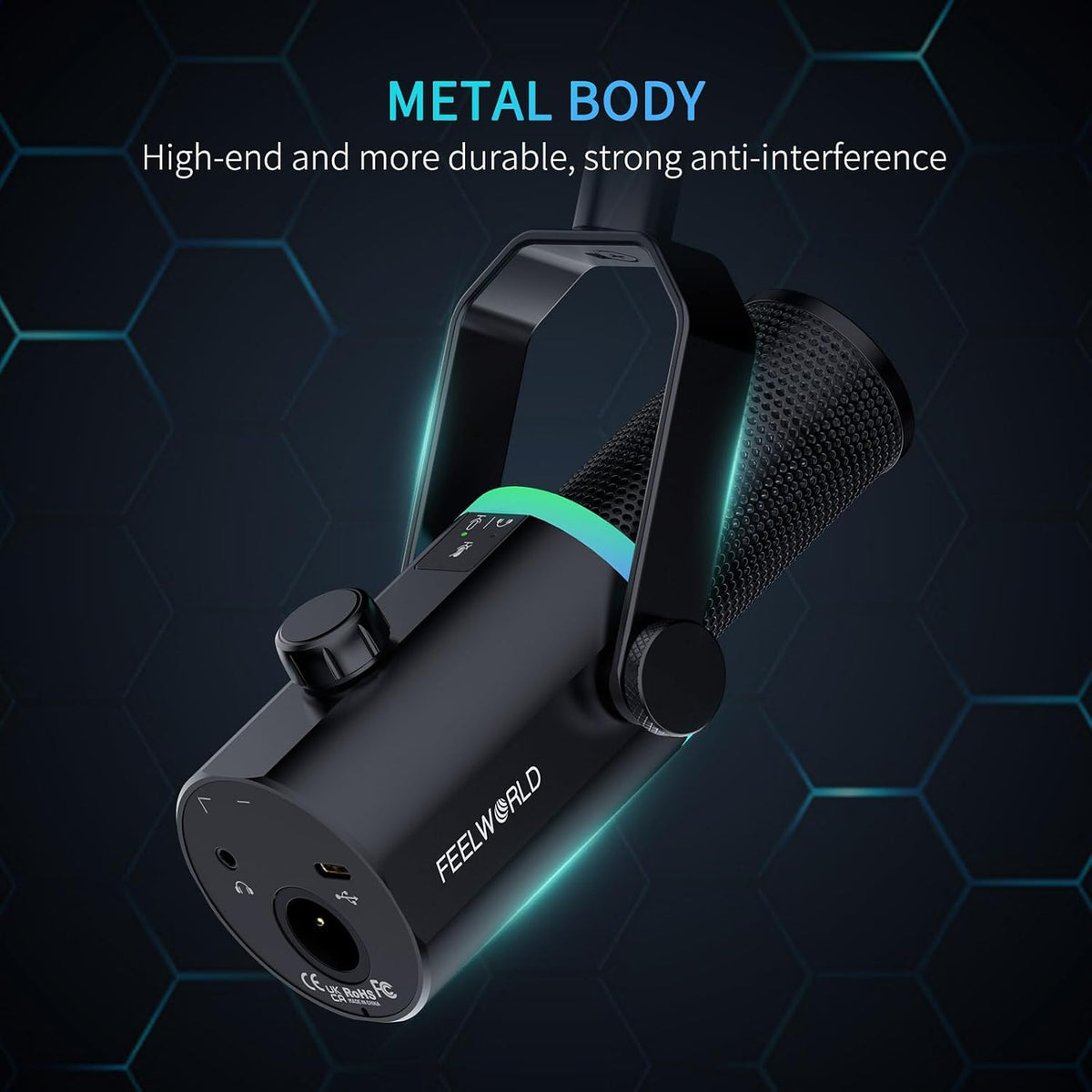 FEELWORLD PM1 XLR USB Black Metal Podcast Dynamic Microphone with Boom Arm