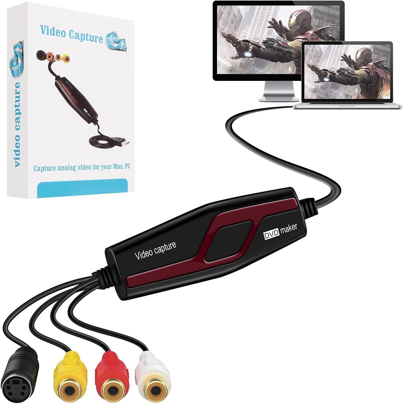 Video Capture Card USB 2.0, RCA to USB Video Capture Device, Digital Video Converter to Save Digital Files for Your Mac OS X Windows 7 8 10 PC, One Touch VCR TV to DVD, Black