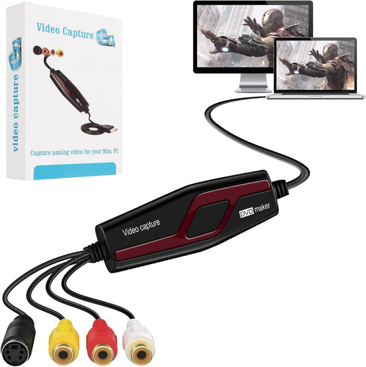 Video Capture Card USB 2.0, RCA to USB Video Capture Device, Digital Video Converter to Save Digital Files for Your Mac OS X Windows 7 8 10 PC, One Touch VCR TV to DVD, Black