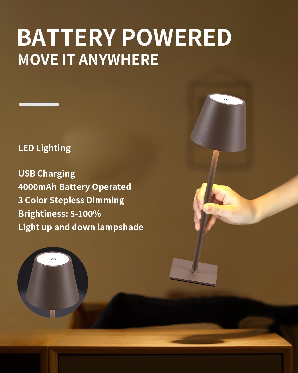 KDG 2 Pack Cordless Brown Table Lamps, Rechargeable Portable LED Desk Lamps | 4000mAh Battery Operated 3 Color Stepless Dimming Up for Restaurant, Bedroom, Outdoor Party, Camping, Coffee Shop, Nightlight