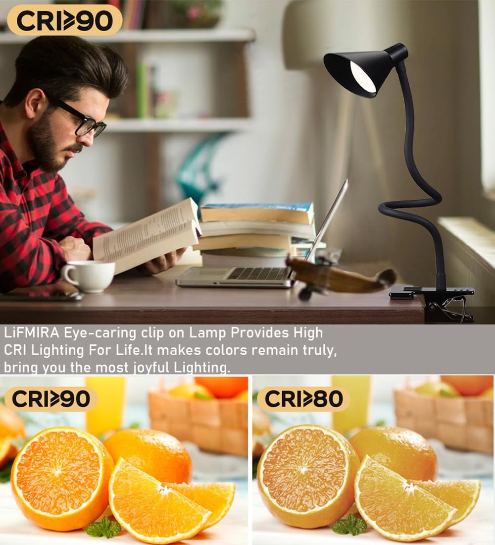 LiFMIRA Clip on Light USB Reading Light Desk Lamp 3 Color Modes Black | 10 Brightness Levels Eye Care Clamp Light Flexible Dimmable Reading Lamp Clip on Lamp for Bed Headboard Desk Bedside Dorm