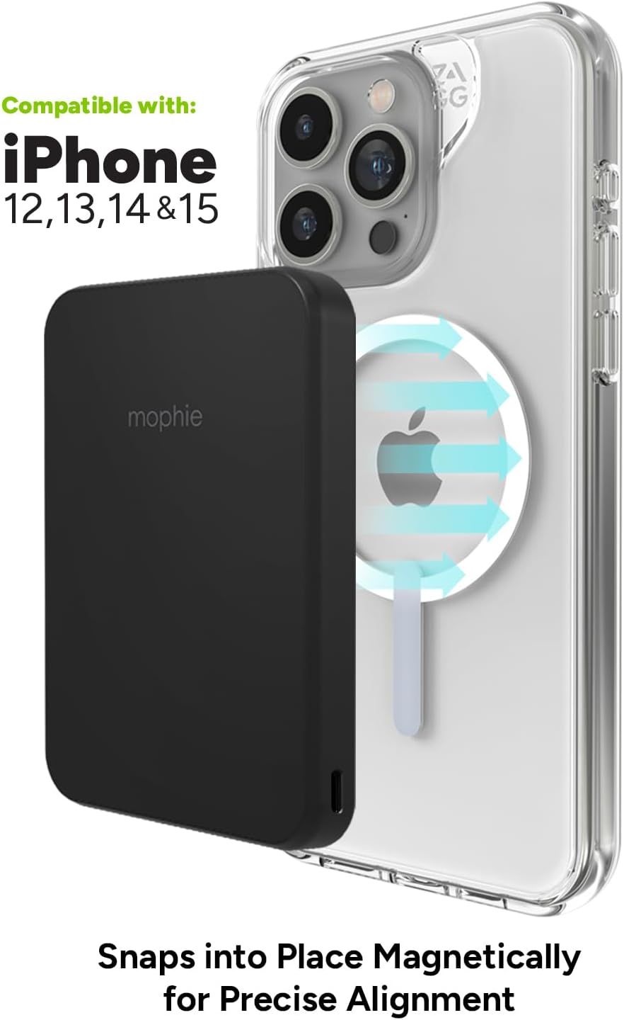 Mophie Snap+ Juice Pack Mini - Magnetic 5000mAh Portable Charger, MagSafe Compatible, USB-C, Multi-Orientation Charging, USB-C Cable Included