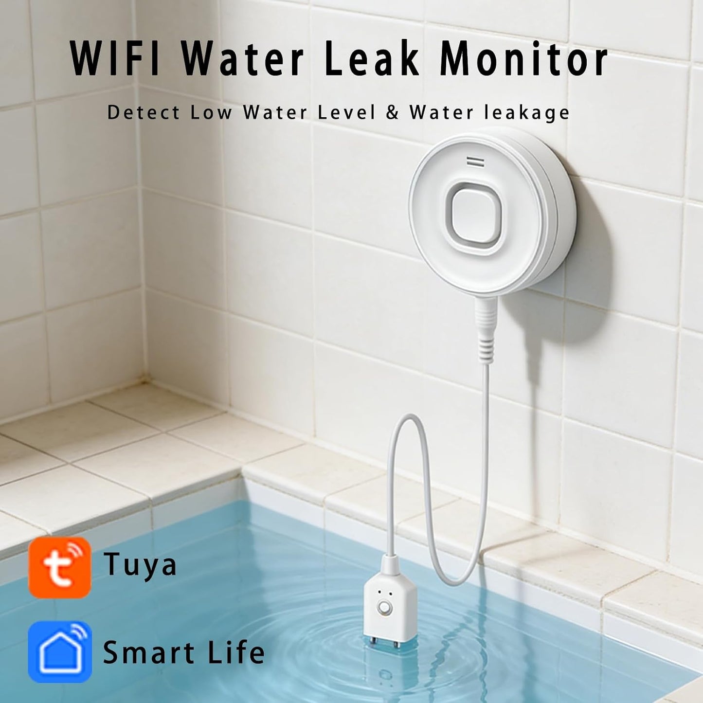 Water Alarm Leak Detector, Water Leak Detector with Cable, 100dB Adjustable Sound Alarm & Real-Time App Alerts WiFi Water Sensor for Home, Kitchen, Bathroom, Warehouse