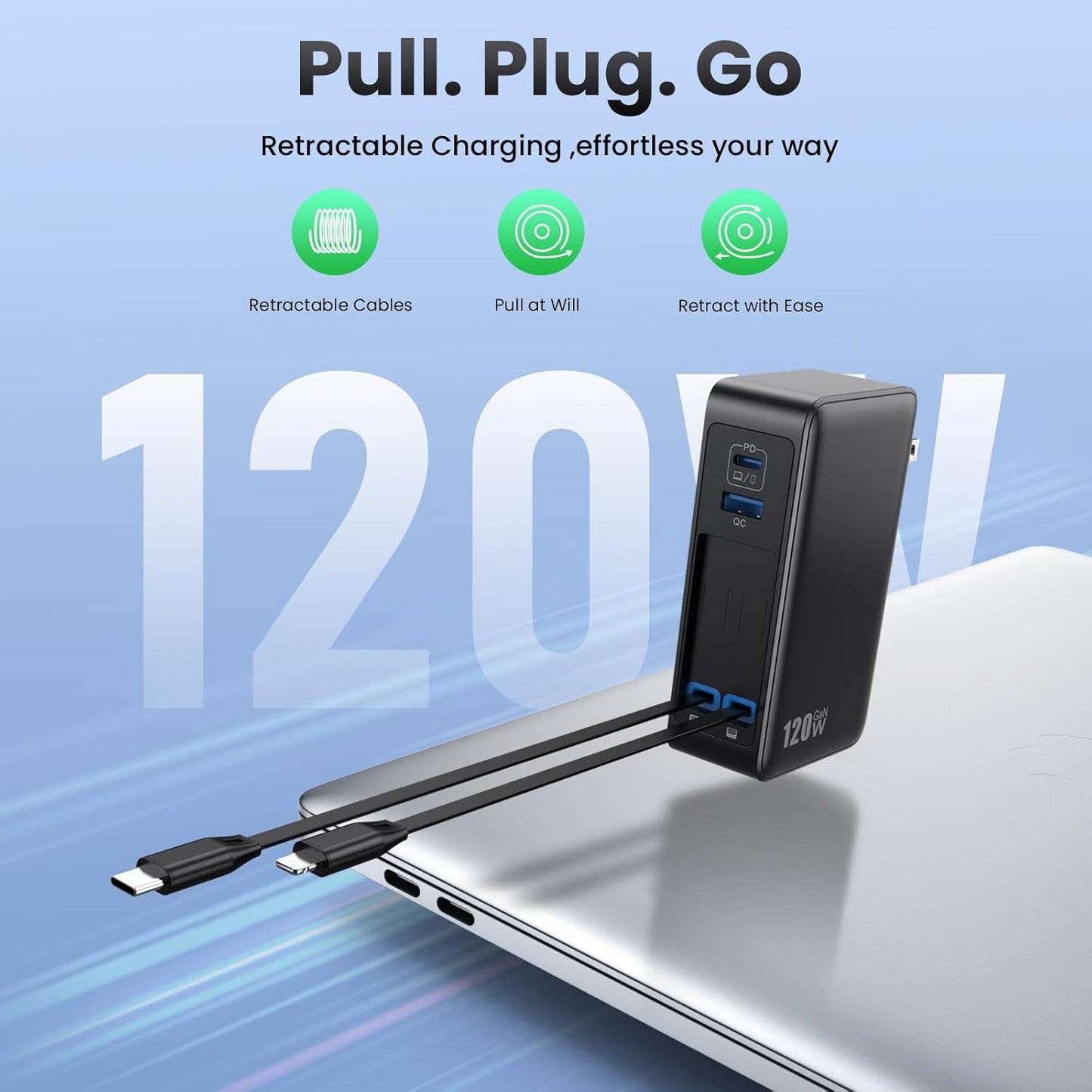 USB C Charger Block 120W with Built-in 2 Retractable Cables,4-in-1 GaN IV Charger Fast Charging Foldable Plug Wall Charger,PD 65W Laptop Charger for MacBook,iPad,iPhone 17/16/15/14,Galaxy,Android etc