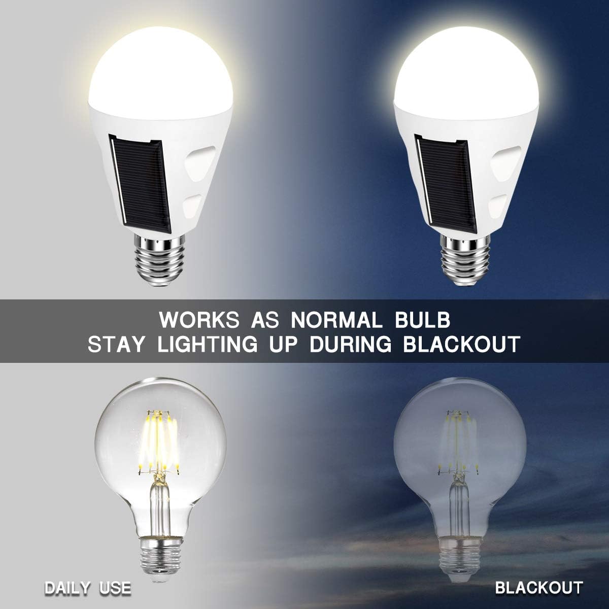 4 Pack LED Solar Emergency Light Bulbs for Home Power Failure, E26/E27 7W Rechargeable Battery Backup Bulb, Hurricane Supplies for Home, White Daylight 6000k Outdoor Hiking Camping Light