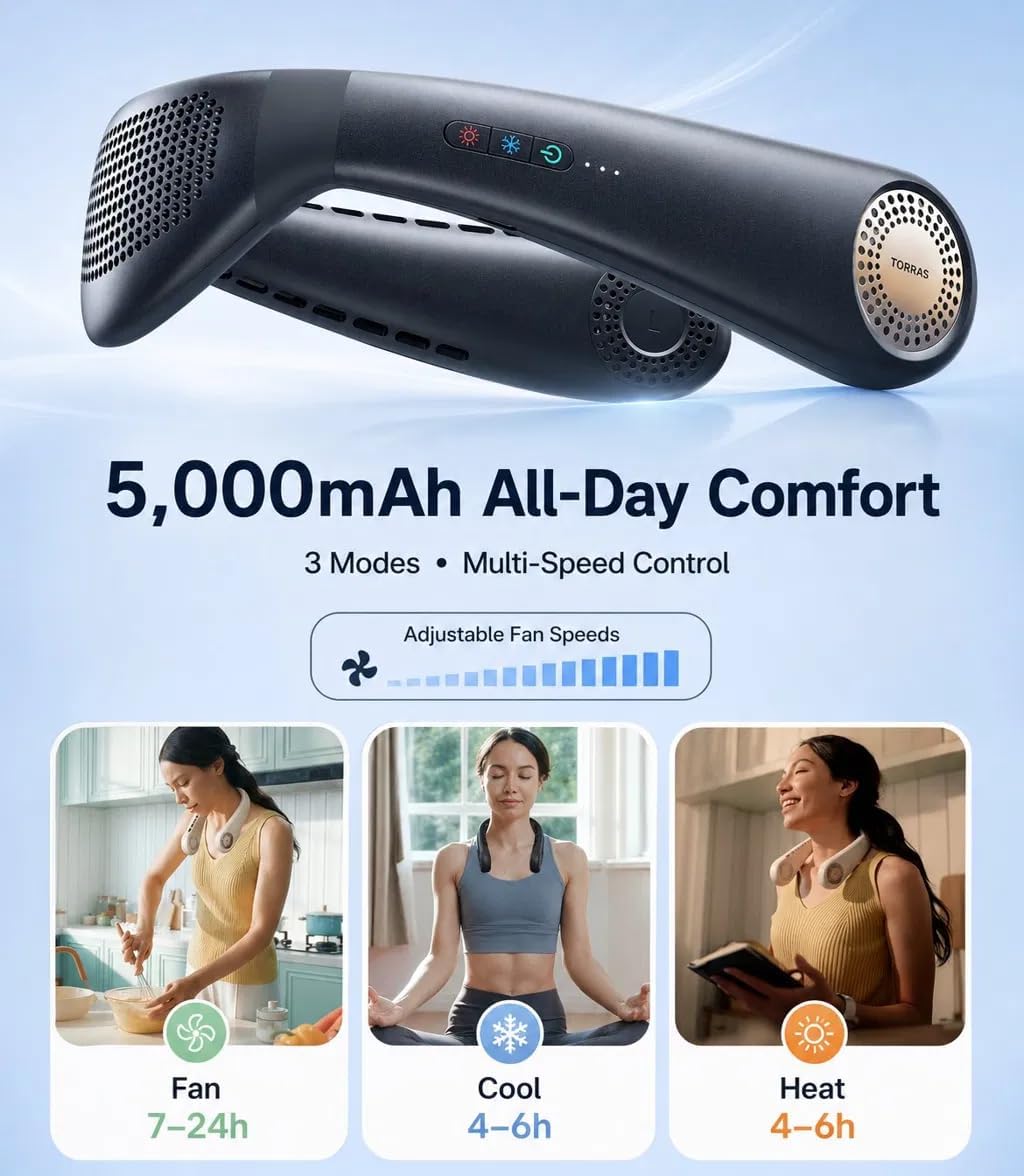 TORRAS COOLiFY Air 2026 Upgraded Neck Fan Air Conditioner, Dual-Airflow Pro Cooling, Ultra Light Portable Fan Rechargeable, Personal Cooling Fan Travel Essentials, Gift for Dad Husband Father, Black
