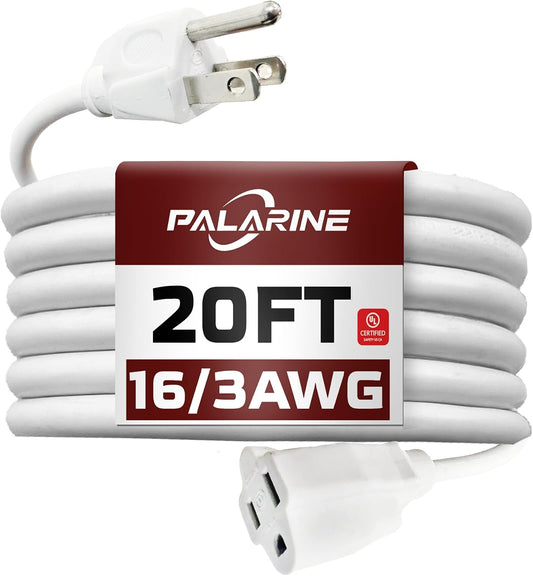 20 Ft White Outdoor Extension Cord, 16 Gauge Heavy Duty Power Cord