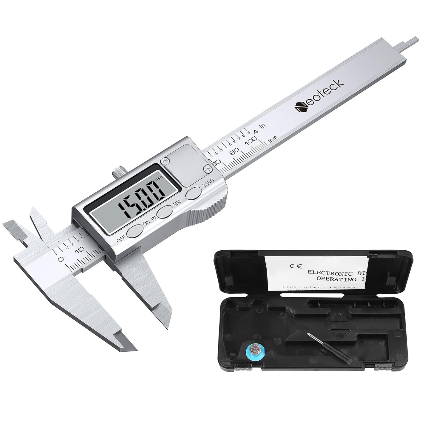 Neoteck 4 inch/100mm Digital Caliper, Stainless Steel Metal Mini Caliper | Electronic Calipers Measuring Tool with inch/mm Conversion, Large LCD Screen for Jewelry,Thickness/Dimensional Measurement