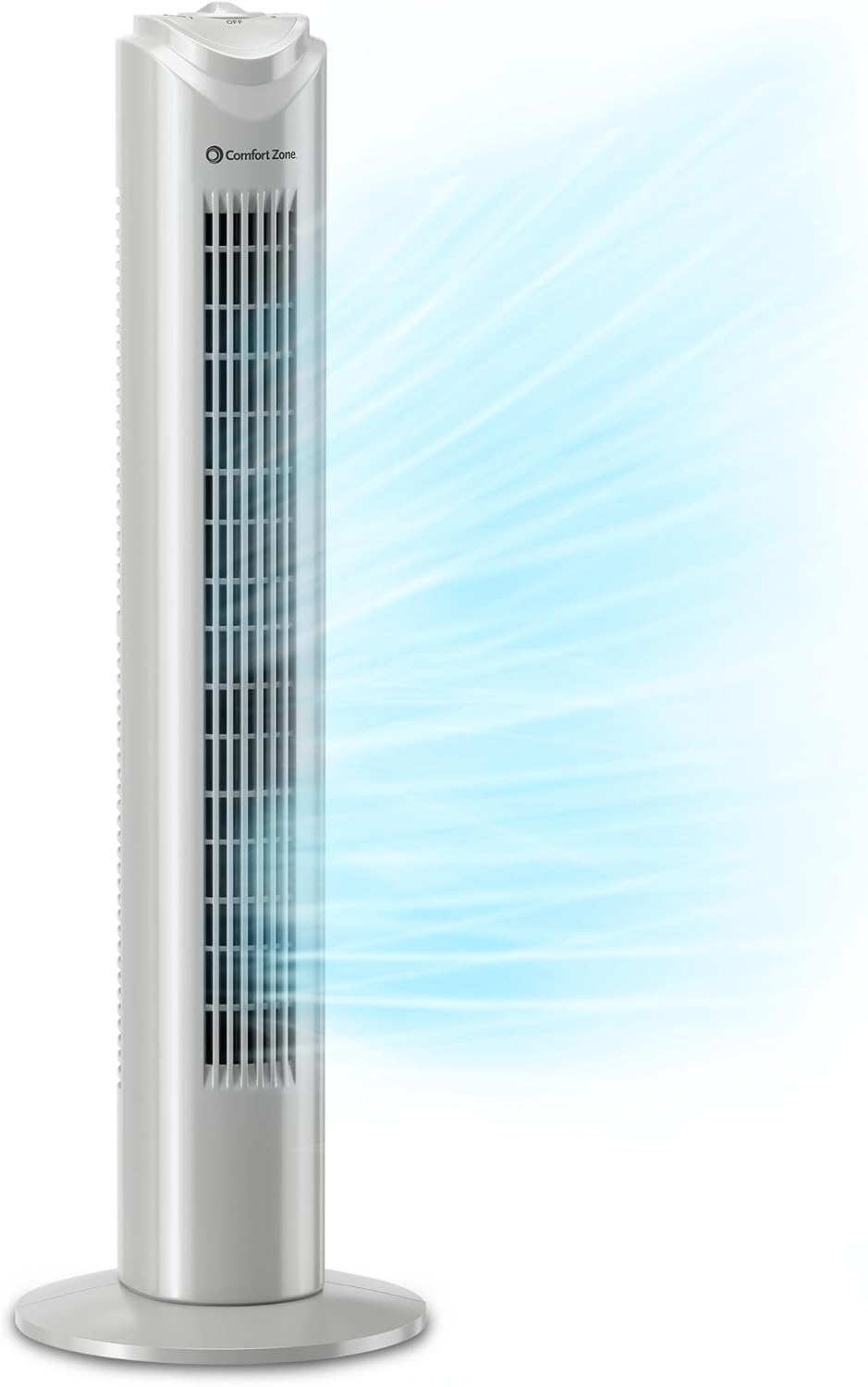 Comfort Zone 32-Inch Oscillating Tower Fan – Ultra-Slim Bladeless Design with 3 Speeds, 90° Wide Oscillation & Built-in Carry Handle – Quiet Portable Standing Fan for Bedroom, Home, or Office, Gray