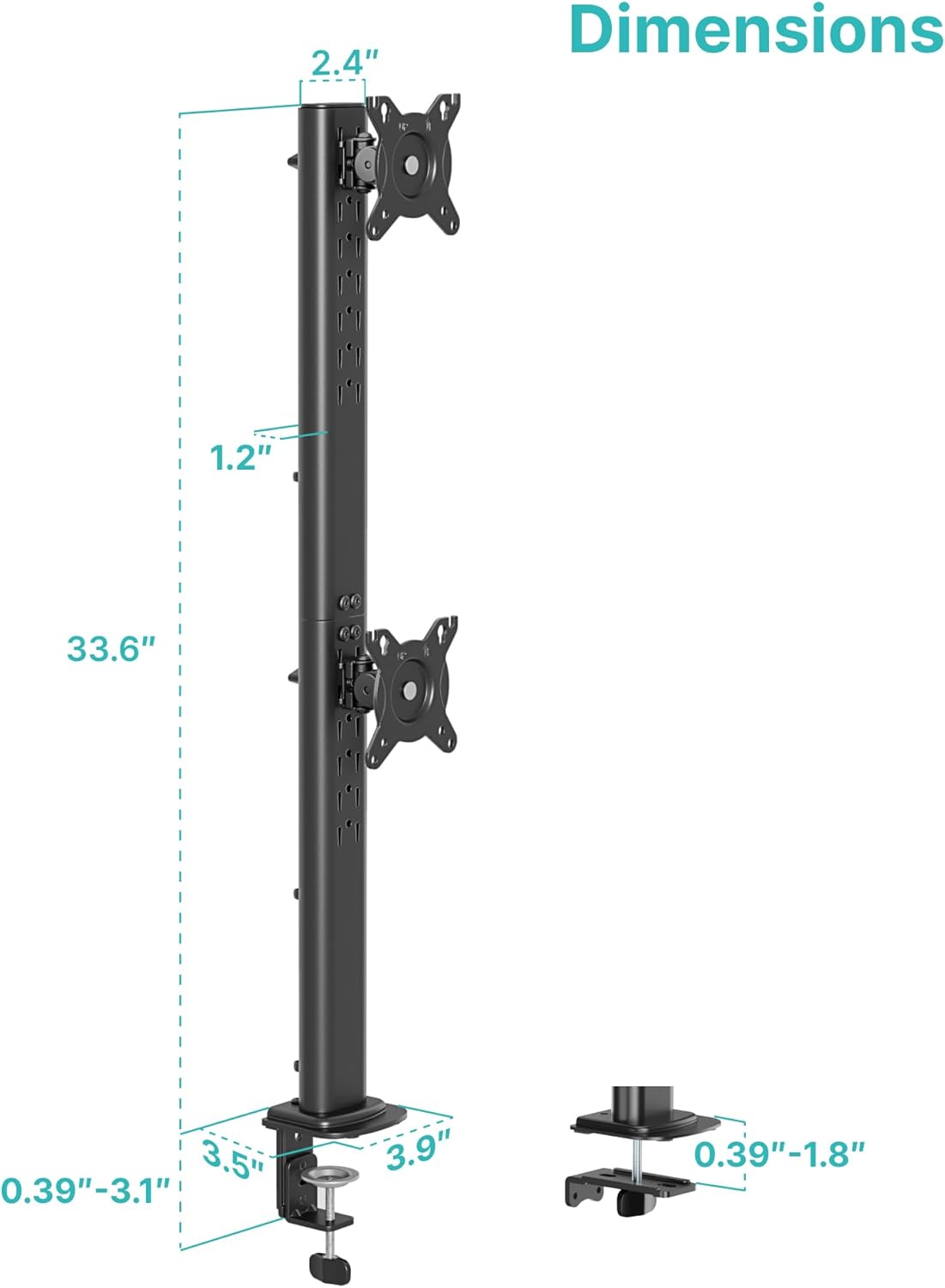 Pegzone Vertical Dual Monitor Mount for 17–34 Inch Screens, 33 lbs per Arm | Stacked Monitor Stand, 33.1" Extra Tall Pole, Full Motion Height Adjustable Mount, 75/100 VESA, Clamp & Grommet