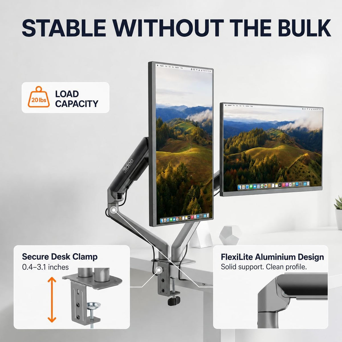 3IDEE FlexiLite Dual Monitor Arm Desk Mount for 17-32" Screens, Holds up to 20 lbs per Monitor, Slim Aluminium Design, Fully Adjustable, Quick Box to Desk Setup, Clamp/Grommet Base, VESA 75/100